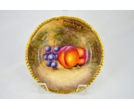 A Royal Worcester fruit painted plate, signed N Creed, peaches and grapes, 15cm diameter