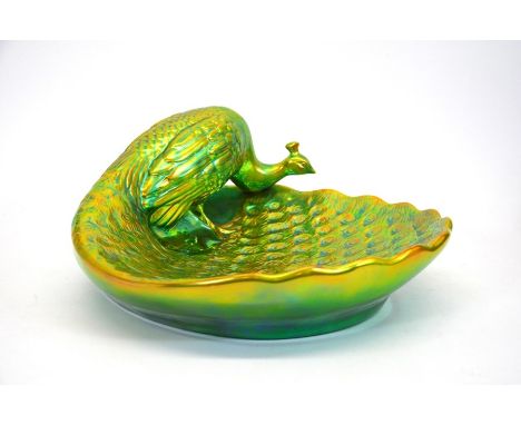 A Zsolnay Art Deco eosin peacock bowl, green and yellow iridescent glaze, circa 1960, diameter 39cm