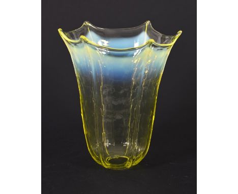An Arts and Crafts straw opal glass light shade, martele finish with six ribbed vertical lines and pinched rim, 15cm high, 3c