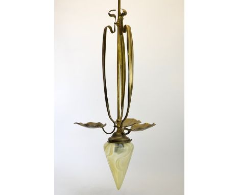 An Arts and Crafts brass pendant light fitting, the single arm with three applied naturalistic tendtils terminating in cupped