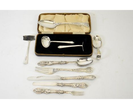 A collection of Victorian and later silver christening sets, including three piece knife fork and spoon sets, boxed Art Deco 