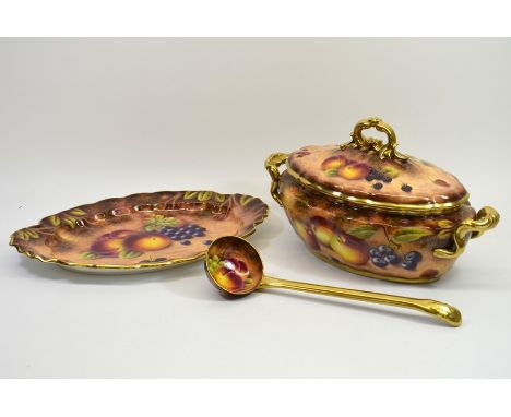 A Royal Worcester fruit decorated tureen, complete with cover, stand and ladle, each piece signed J. Smith, printed marks, 39