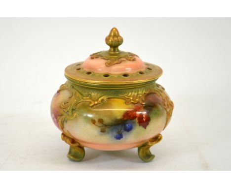 A Royal Worcester blackberry painted potpourri, 1907, ovoid form, relief moulded foliate arcading and reticulated lid, on thr