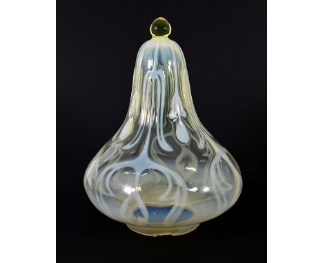John Walsh Walsh, a large Arts and Crafts glass drop light shade, ogee onion form, straw opal optic moulded thistle design, 3