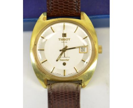 A gents Tissot Seastar automatic wrist watch, gold plated, circa 1977, with date window, 4cm wide, on later leather strap, or