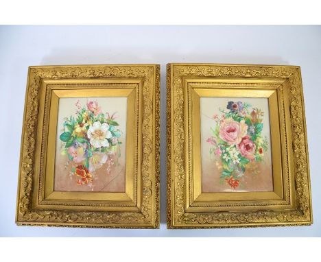 George Evans, a pair of ceramic floral painted plaques, decorated with bouquets, 20cm x 15cm, framed (2)