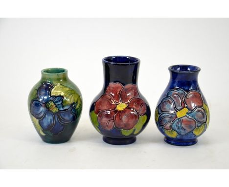 A group of three Moorcroft vases, all Clematis pattern, signed and impressed marks, tallest 11cm (3)