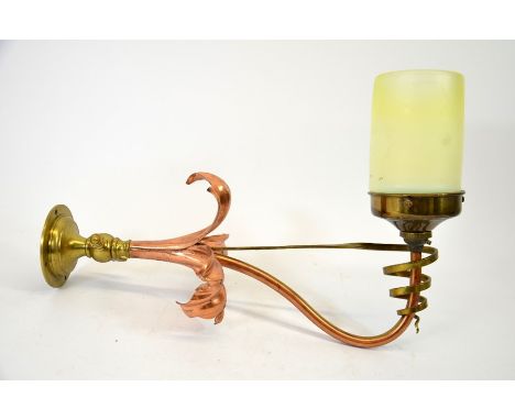 W A S Benson, an Arts and Crafts copper and brass wall light, circa 1890, variation of model 468 gas light, the tubular arm e