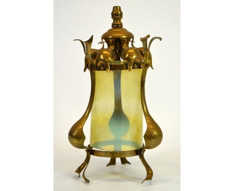 James Powell and Sons, an Arts and Crafts brass pendant light fitting, lantern style with cylindrical straw opal glass shade,