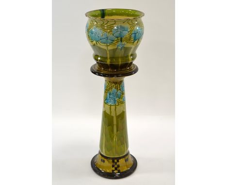 Leon Solon and John Wadsworth for Minton, a Secessionist jardiniere and stand, 1905, stylised blue tubelined flowers on green