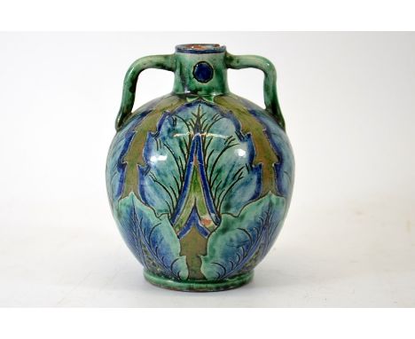 A Della Robbia art pottery vase, ovoid amphora form, twin handled, slip decorated with acanthus leaves, incised marks E LL, 1