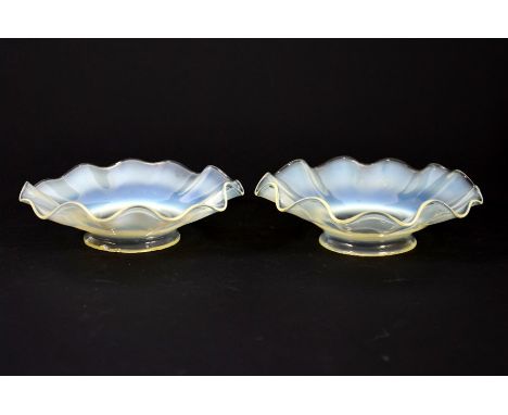 James Powell and Sons, Whitefriars, a pair of Arts and Crafts glass light shades, straw opal crimped shallow dish or sconce f