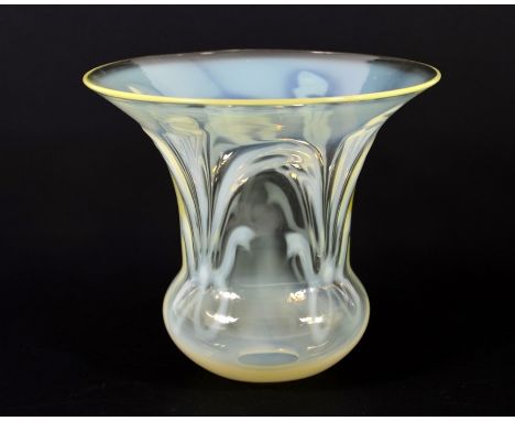 John Walsh Walsh, an Arts and Crafts glass light shade, circa 1905, bell form, straw opal with optic moulded ribbon and bow g