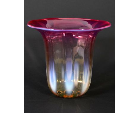 An Arts and Crafts cranberry tinted straw opal glass light shade, optic moulded vertical bands, 13cm high, 3cm fixing, 14.5cm