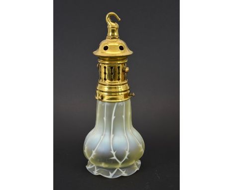 An Arts and Crafts glass pendant light, straw opal optic moulded gourd form with opaque thorny tendril design and crimped rim