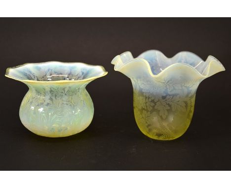 Two Arts and Crafts opalescent etched glass light shades, straw opal with fern patterns to each, one of ovoid form, the other