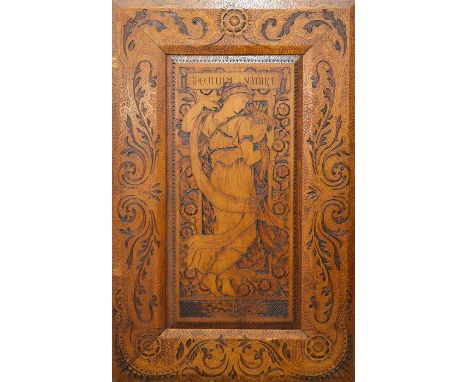 Walter Crane for Morris and Co. (attributed), a pair of Arts and Crafts mahogany pyrography panels, etched in low relief with