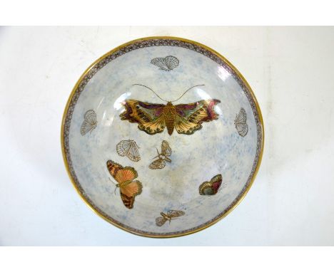 Carlton Ware lustre circular bowl, gilded and decorated with butterflies and moths, stamped marks, 8cm high, 20cm wide