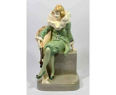 A large Goldscheider figure of a seated Pierrette figure holding a mandolin, designed by Wilhelm Tomasch. Model 5030 78 8. Im