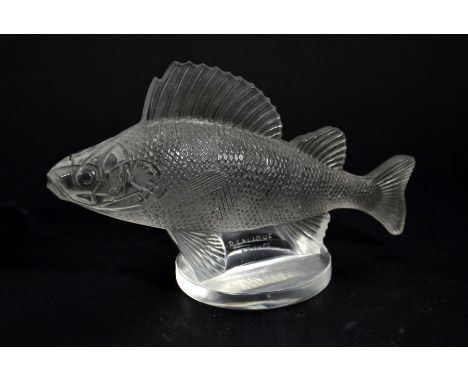 Rene Lalique, a clear frosted glass Perche car mascot, model 1158, circa 1929, in the form of a fish, moulded and incised sig