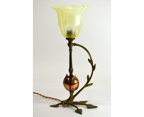 W A S Benson, an Arts and Crafts brass and copper table lamp, model 1187, circa 1899, the turned stem with five petal copper 