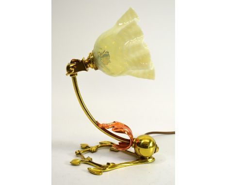 W A S Benson, an Arts and Crafts brass and copper table lamp, model 1287, circa 1900, curved arm with moulded copper leaf to 