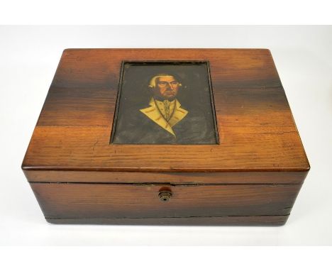 A George III tea chest, the lid inset with an oil on copper panel portrait of Admiral Kempenfelt, formally Captain of the fle