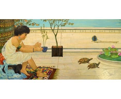 An Aesthetic Movement ceramic plaque, painted by H Arnold, with a Middle Eastern or Egyptian courtyard scene of girl and turt