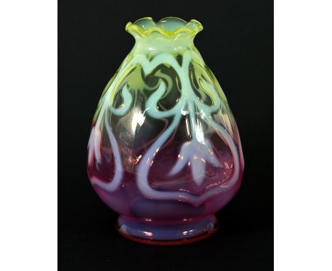 John Walsh Walsh, an Arts and Crafts glass light shade, circa 1905, cranberry and straw opal with optic moulded tulip design,