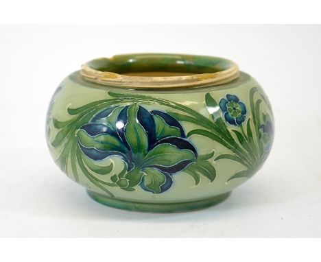 William Moorcroft, a Spanish design variation tobacco jar, green and blue, circa 1912, underglaze green signature, 15cm diame