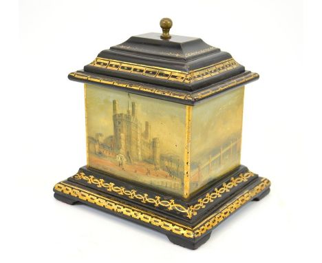 A Victorian Welsh slate tobacco box, circa 1850, painted with scenes of Eagle Tower, Caernarfon Castle, Penryhn Castle, The p
