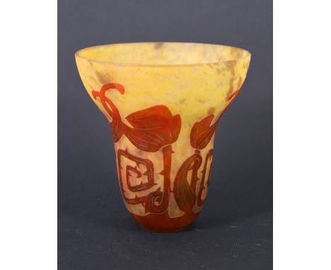 Schneider (attributed), a cameo glass light shade, pan top form, marbled red over amber, stylised rose and thorn design, 13cm