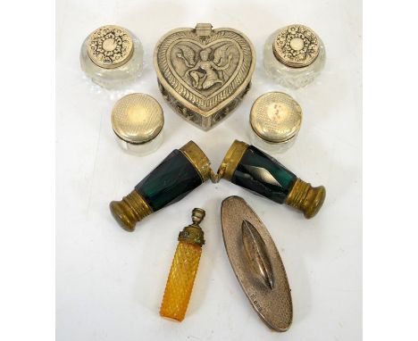 Two pairs of Edwardian and George V silver topped glass jars, including engine turned and foliate embossed, Birmingham 1910 a