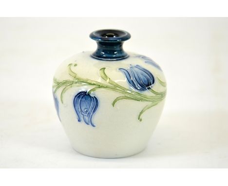 William Moorcroft for James Macintyre, harebell blue on white miniature vase, bulbous form, circa 1910, signed, printed marks