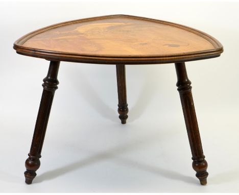 Emile Galle, an Art Nouveau marquetry occasional table, circa 1900, the triangular shield top with inlaid cockerel, poppy and