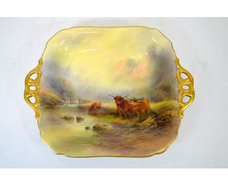 John Stinton fro Royal Worcester, a Highland Cattle painted tray, 1926, twin handled, in misty landscape, signed, puce mark, 