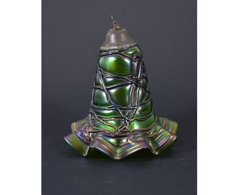 Josef Velik for Pallme Konig, a Secessionist glass lamp shade, iridescent green with applied netted trail design, crimped rim
