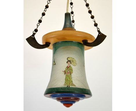 An Art Deco enamelled glass lantern pendant light fitting, crackled and frosted glass in the Japanese style, painted with fig