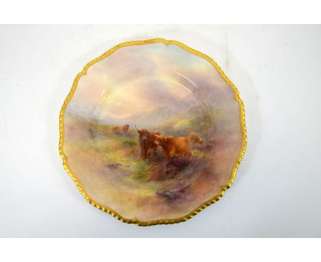 Harry Stinton for Royal Worcester, a Highland Cattle painted plate, signed, gilt gadrooned border, 27.5cm diameter
