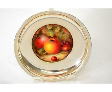 William Bee for Royal Worcester, a silver mounted fruit painted pedestal comport, on detachable base, apples and cherries, Bi