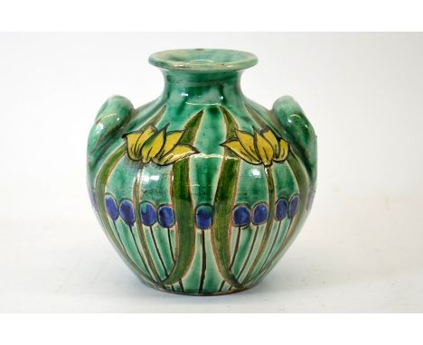 A Della Robbia art pottery vase, twin handled squat amphora form, incised with tulips and flowers in the Secessionist style, 