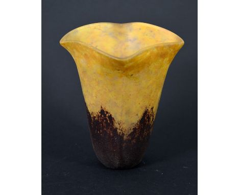 A Daum art glass light shade, circa 1900, mottled brown over amber textured and frosted, incised mark Daum Nancy, 13cm high, 