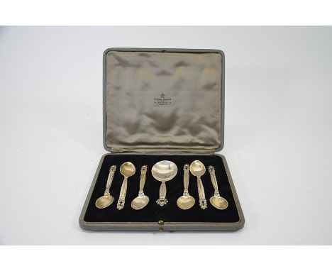 Johan Rohde for Georg Jensen, a set of silver Acorn or Konge teaspoons and caddy spoon, designed 1917, import marks, London 1