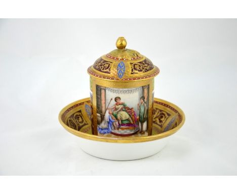 A Vienna porcelain chocolate cup, saucer and cover, the can painted with scene of Andromache, within raised paste gilt and je