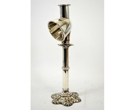 A Walker and Hall silver plated student light, turned column candlestick form with detachable light funnel, on a fluted shell