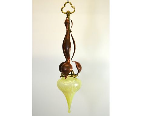 Birmingham Guild of Handicraft (attributed) and John Walsh Walsh, an Arts and Crafts copper and brass pendant light, with opt