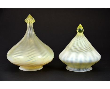 John Walsh Walsh for W A S Benson, two Arts and Crafts glass light shades, conical drop form, straw opal and wrythen opaque t