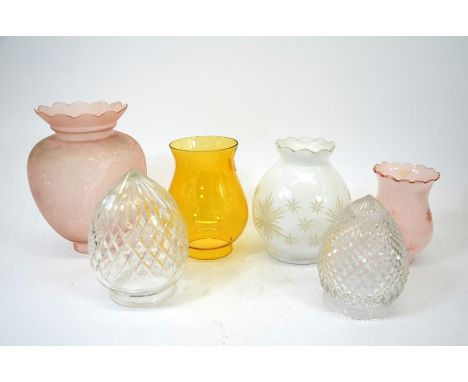 Six glass light shades, including cut crystal egg form shades, white cased and cut, pink etc (6)