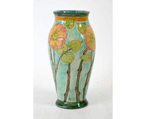 Charles Collis for Della Robbia, an art pottery vase, elongated shouldered form, sgrafitto decorated with naturalistic dog ro