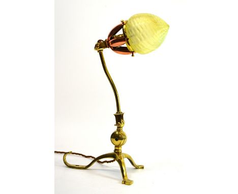 W A S Benson, an Arts and Crafts brass table lamp, model 1221, with bracket fixing and hooked foot, articulated, the sconce w